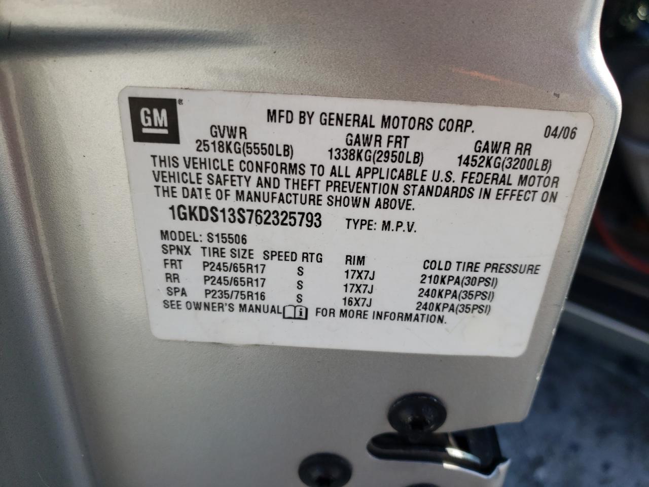 Photo 10 from auction – 2006 GMC ENVOY with VIN 1GKDS13S762325793