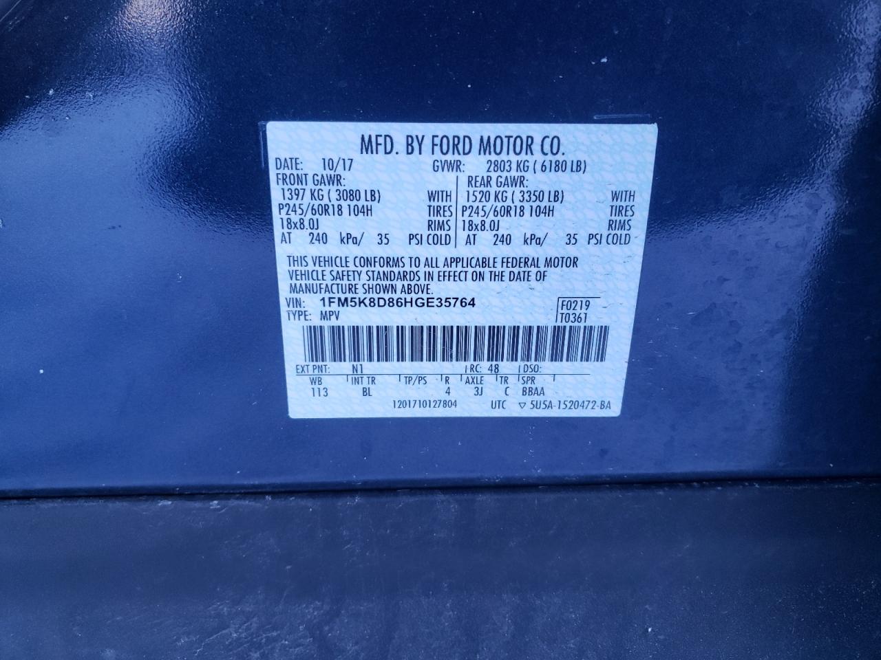 Photo 10 from auction – 2017 FORD EXPLORER X with VIN 1FM5K8D86HGE35764