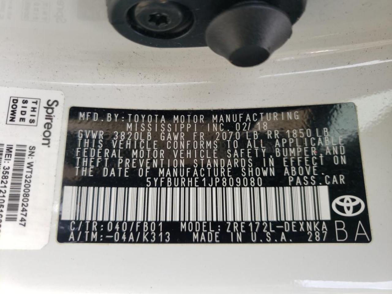 Photo 10 from auction – 2018 TOYOTA COROLLA L with VIN 5YFBURHE1JP809080