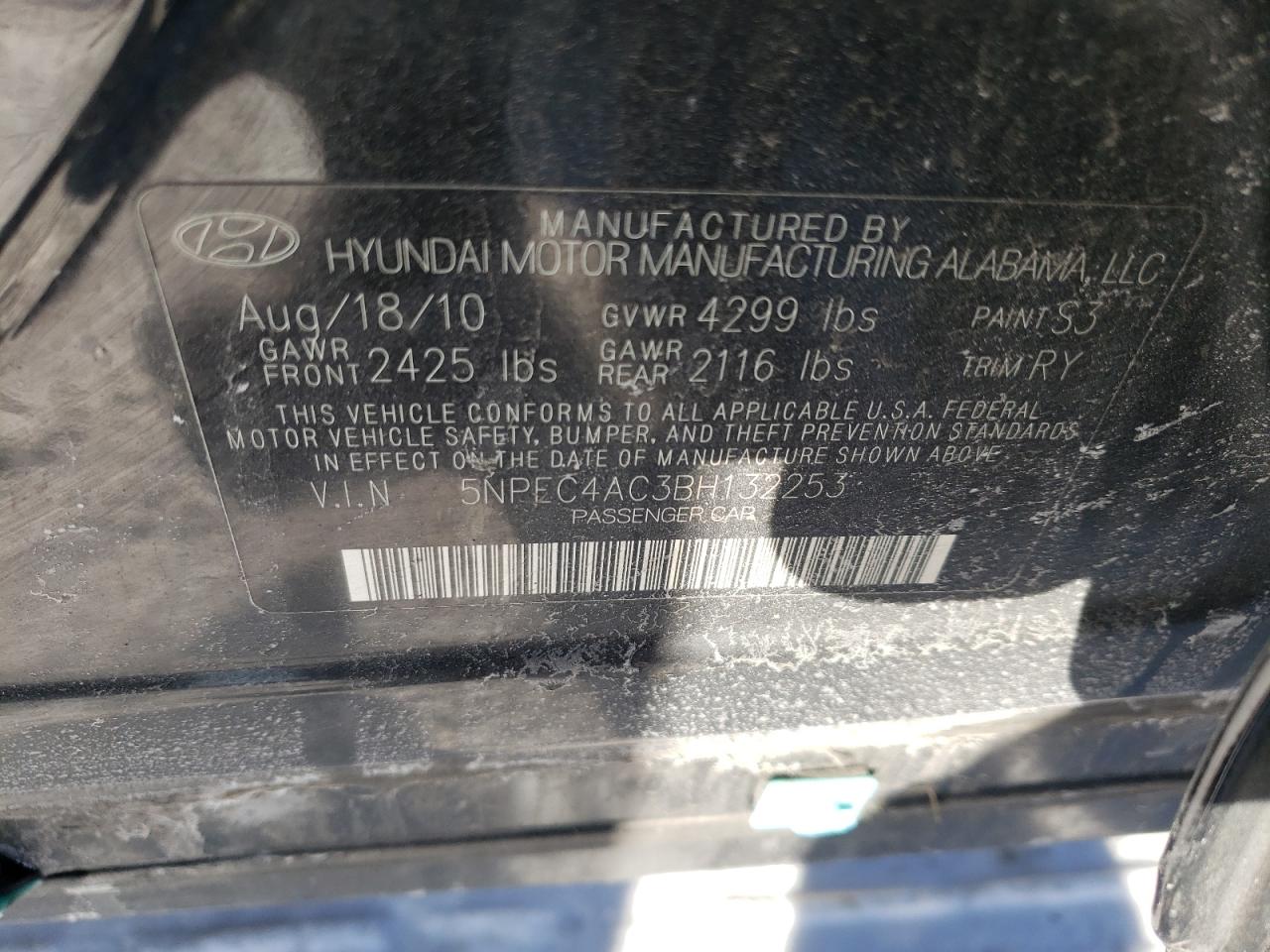 Photo 10 from auction – 2011 HYUNDAI SONATA SE with VIN 5NPEC4AC3BH132253