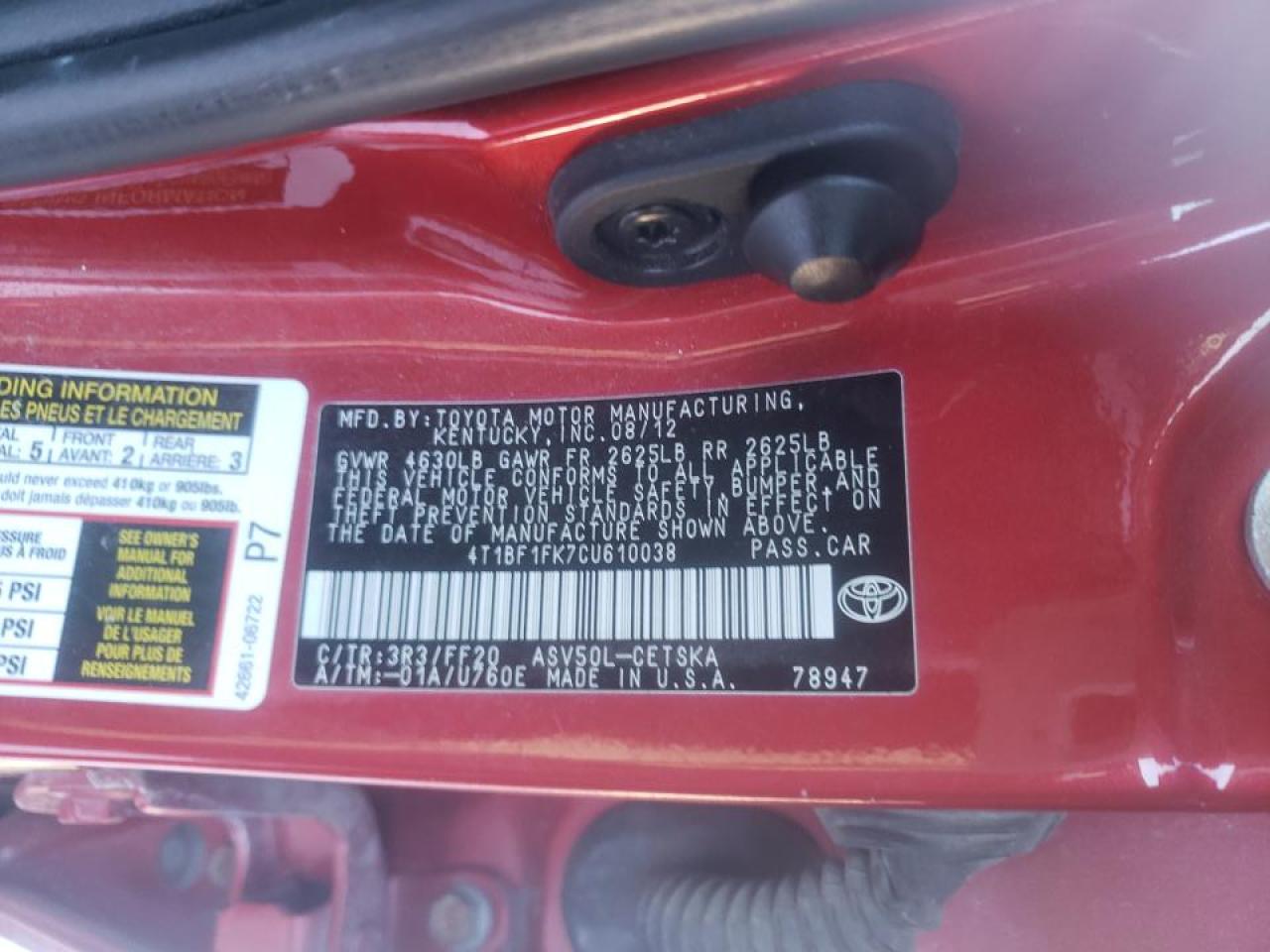 Photo 10 from auction – 2012 TOYOTA CAMRY BASE with VIN 4T1BF1FK7CU610038
