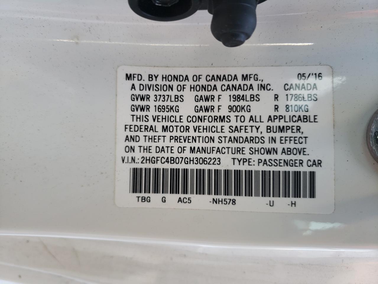 Photo 10 from auction – 2016 HONDA CIVIC LX with VIN 2HGFC4B07GH306223