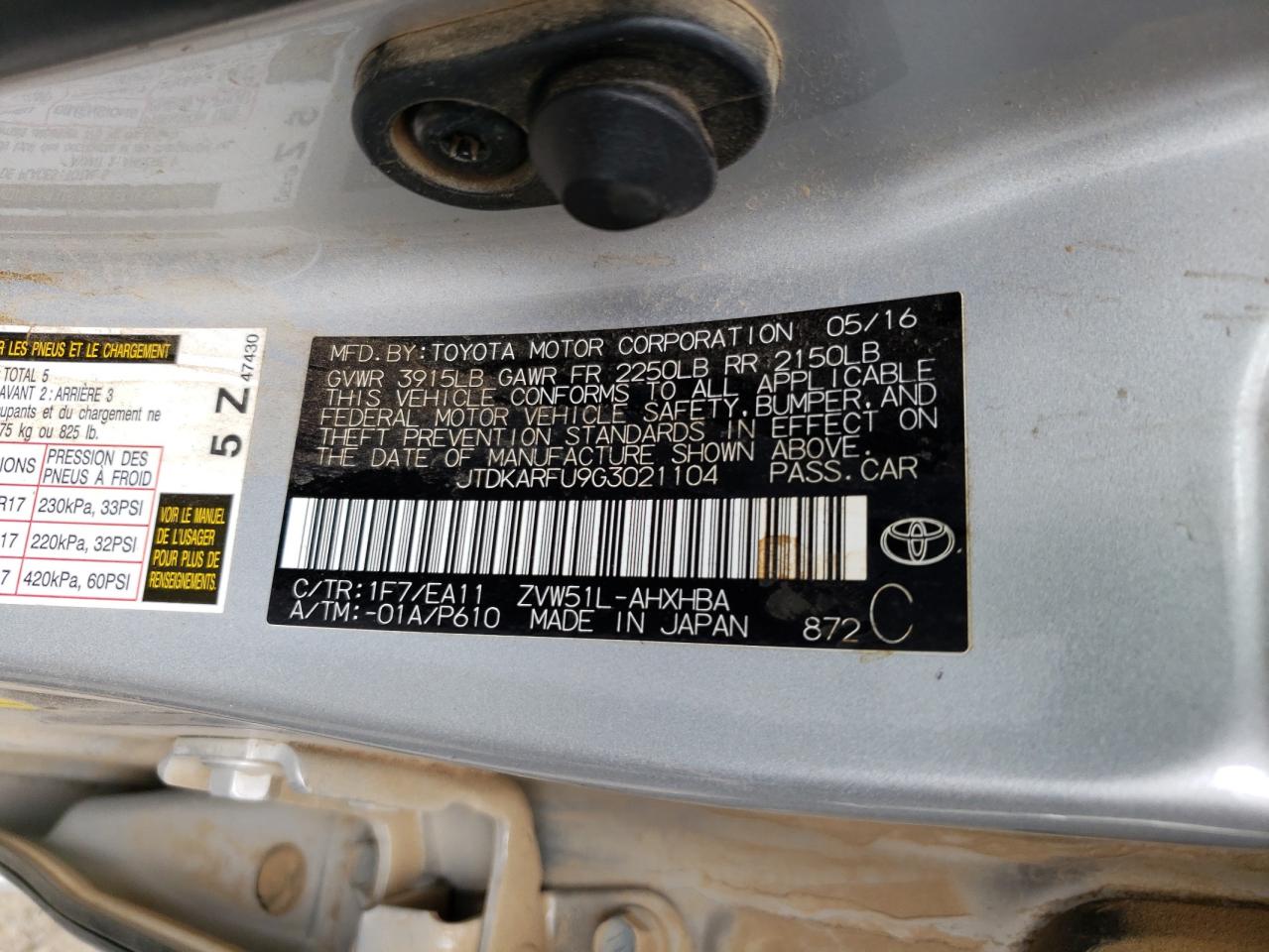 Photo 10 from auction – 2016 TOYOTA PRIUS with VIN JTDKARFU9G3021104