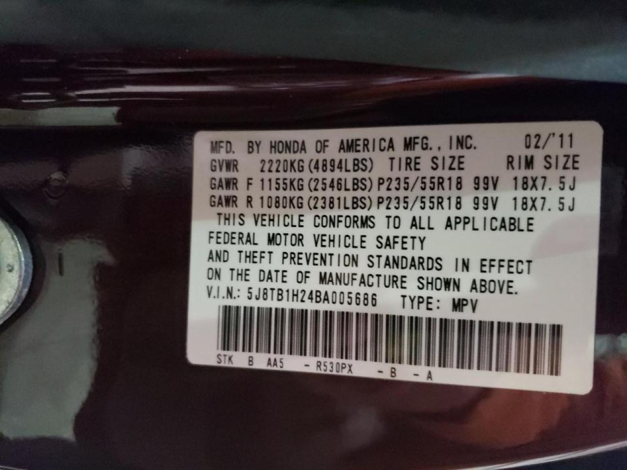 Photo 10 from auction – 2011 ACURA RDX with VIN 5J8TB1H24BA005686