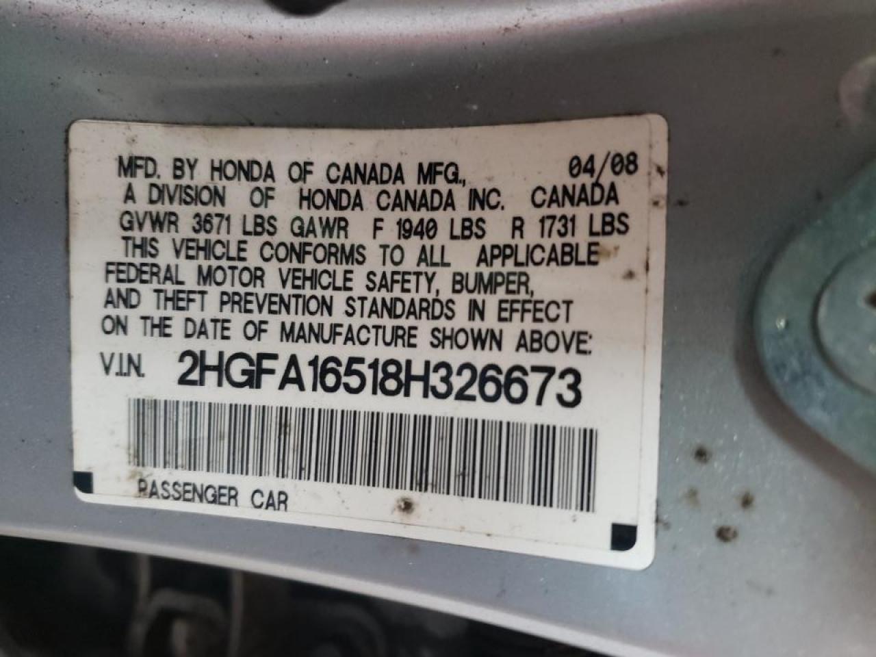 Photo 10 from auction – 2008 HONDA CIVIC LX with VIN 2HGFA16518H326673