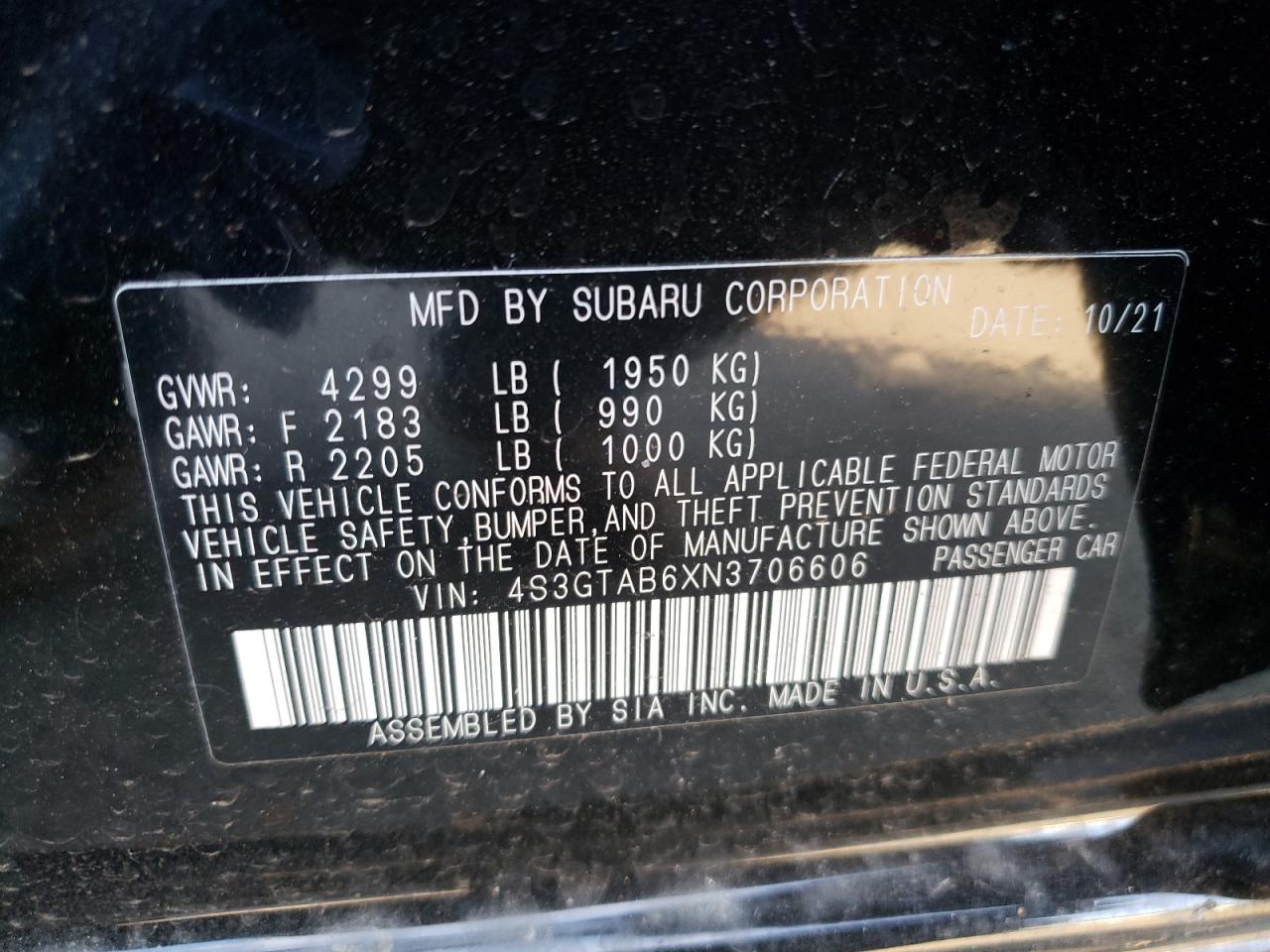 Zdjęcie 10 z aukcji – 2022 SUBARU IMPREZA z VIN 4S3GTAB6XN3706606