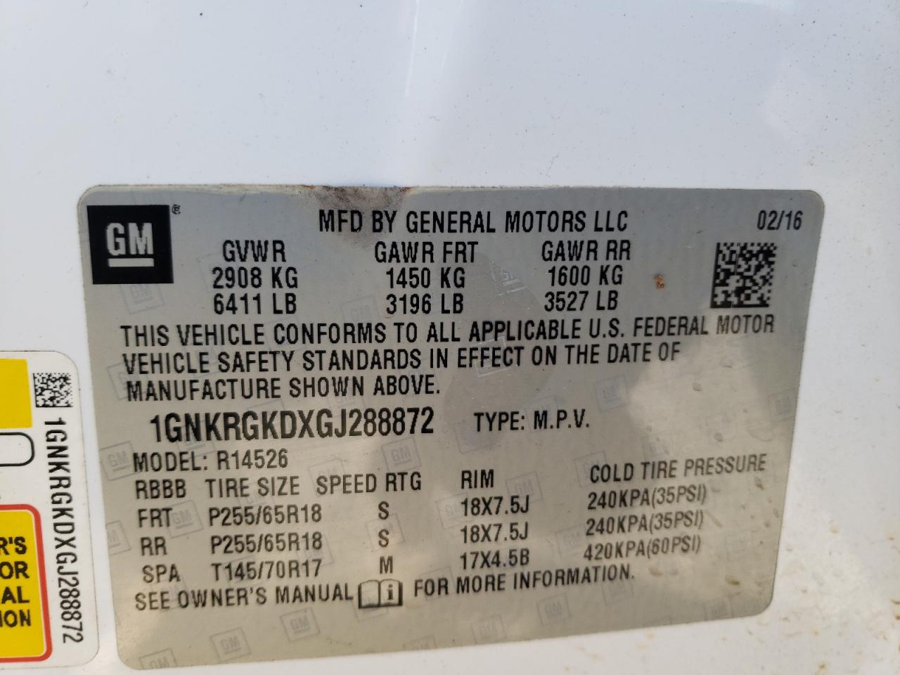 Photo 10 from auction – 2016 CHEVROLET TRAVERSE L with VIN 1GNKRGKDXGJ288872