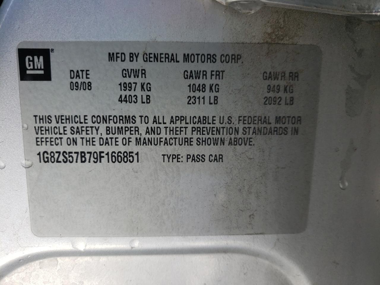 Photo 10 from auction – 2009 SATURN AURA XE with VIN 1G8ZS57B79F166851