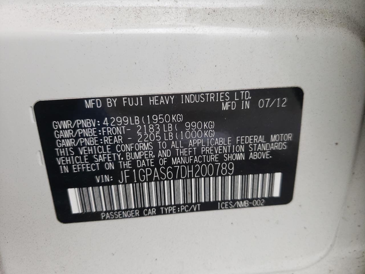 Photo 10 from auction – 2013 SUBARU IMPREZA SP with VIN JF1GPAS67DH200789