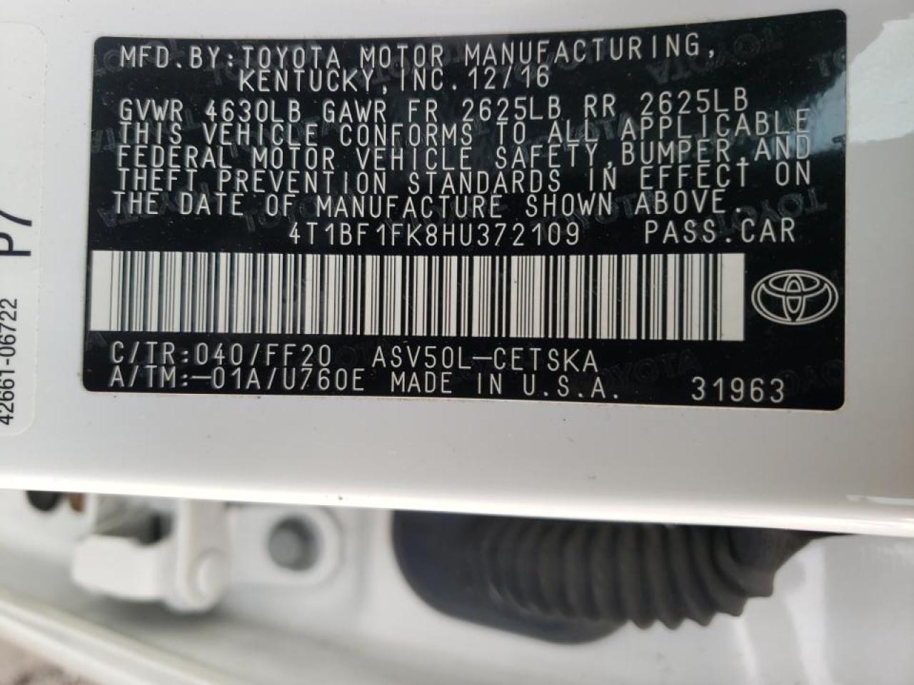 Photo 10 from auction – 2017 TOYOTA CAMRY LE with VIN 4T1BF1FK8HU372109