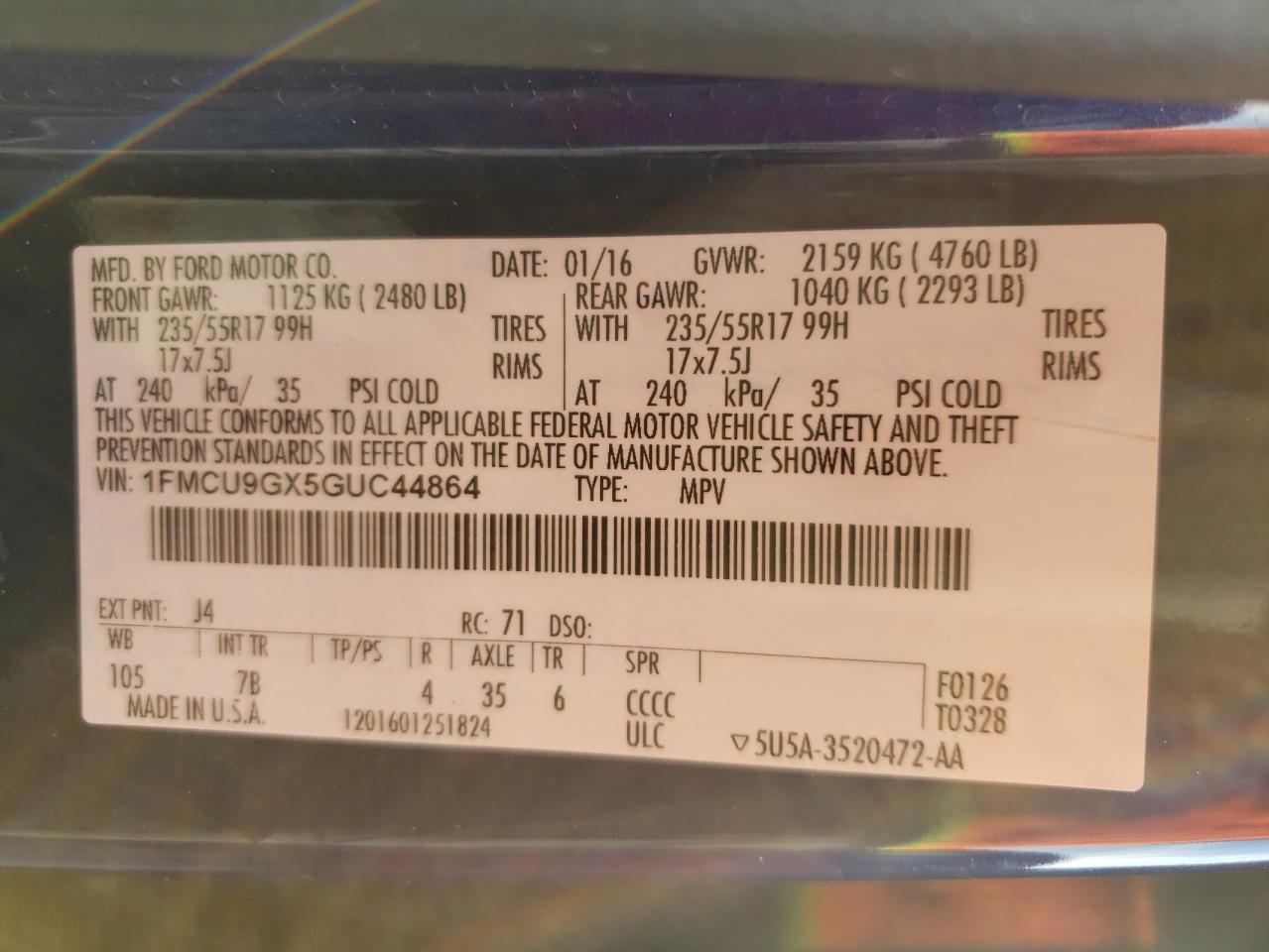 Photo 10 from auction – 2016 FORD ESCAPE SE with VIN 1FMCU9GX5GUC44864