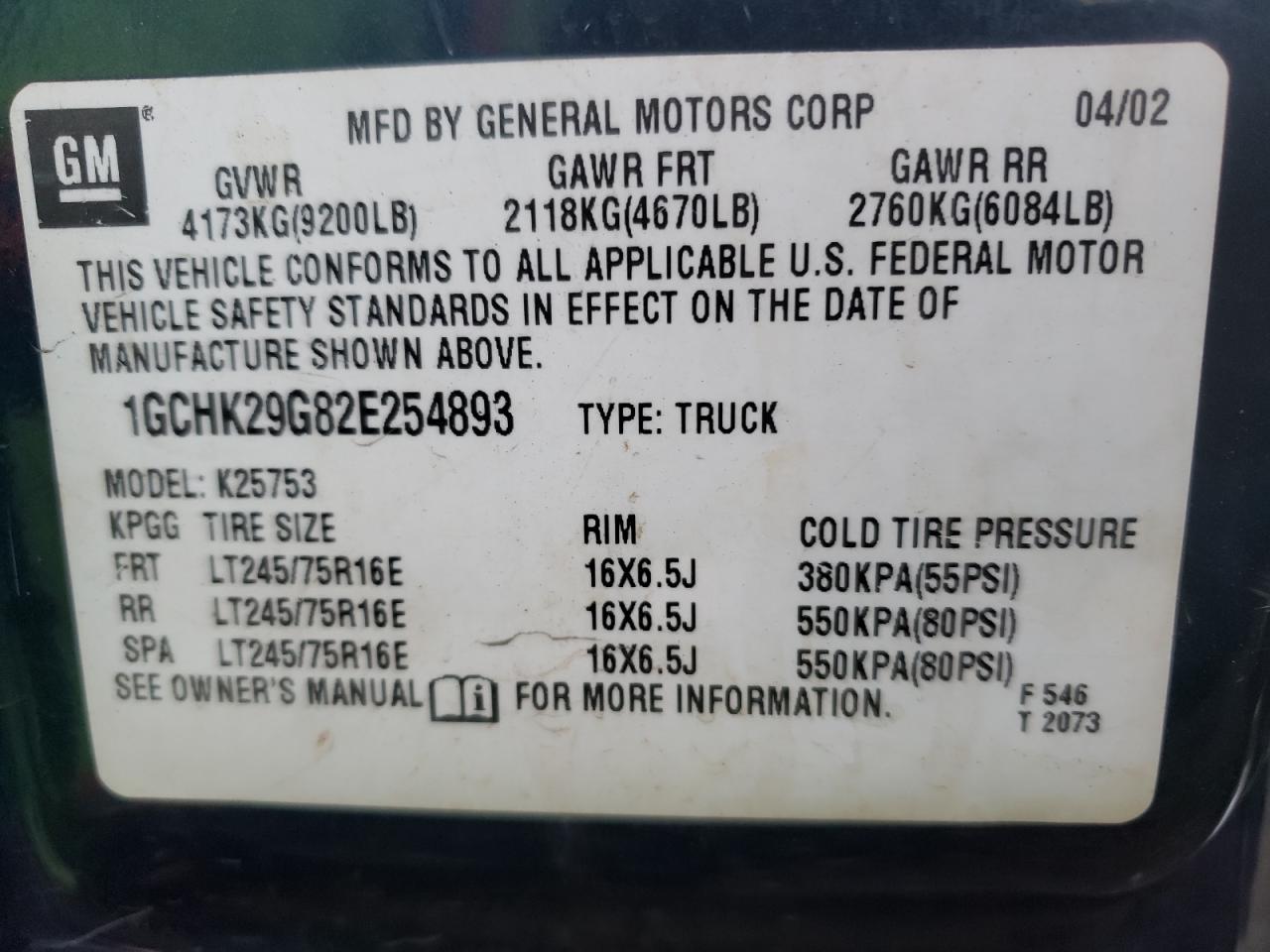 Photo 10 from auction – 2002 CHEVROLET SILVERADO with VIN 1GCHK29G82E254893