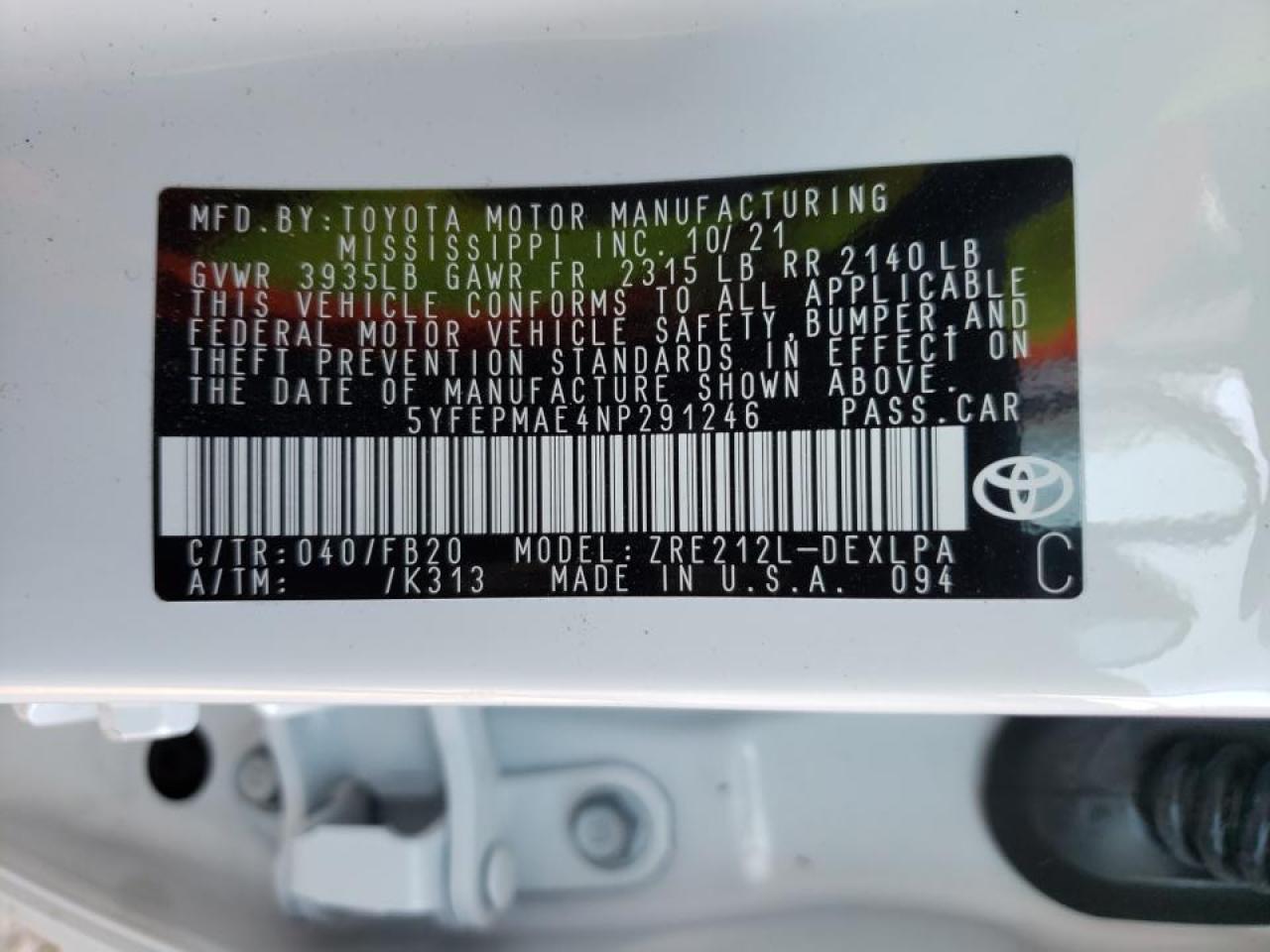 Photo 10 from auction – 2022 TOYOTA COROLLA LE with VIN 5YFEPMAE4NP291246