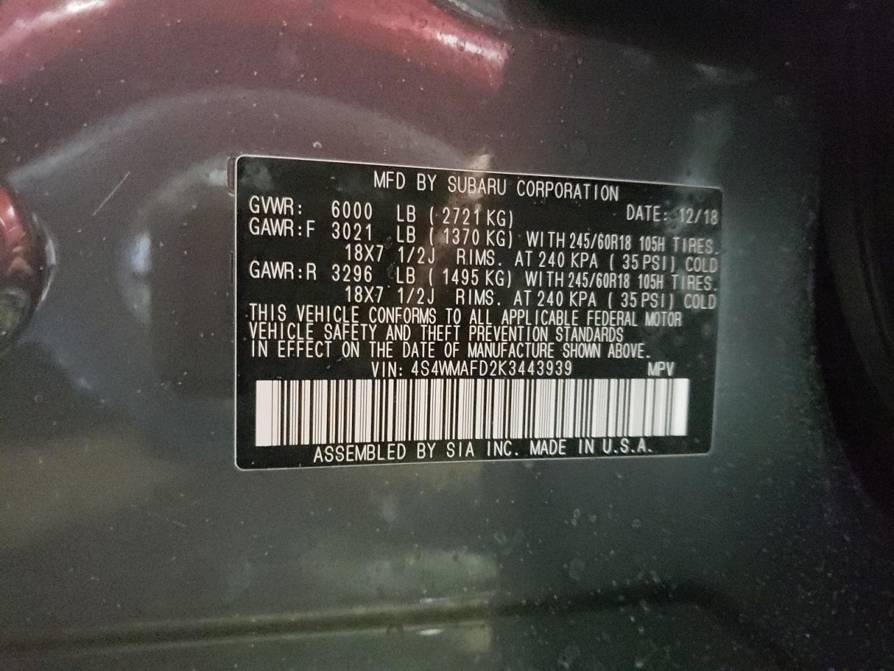 Photo 10 from auction – 2019 SUBARU ASCENT PRE with VIN 4S4WMAFD2K3443939