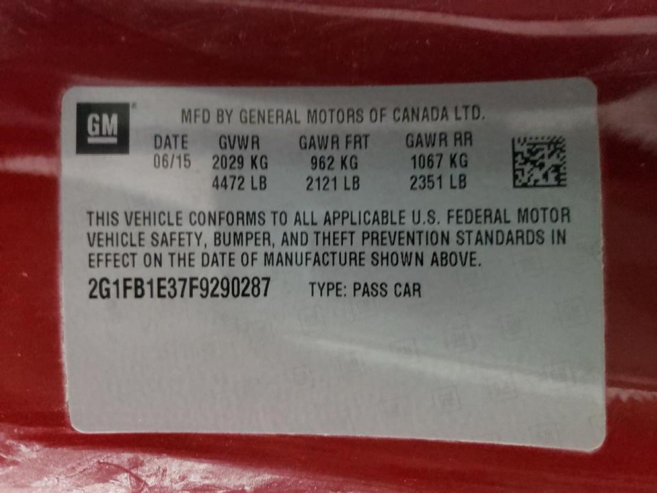 Photo 10 from auction – 2015 CHEVROLET CAMARO LS with VIN 2G1FB1E37F9290287
