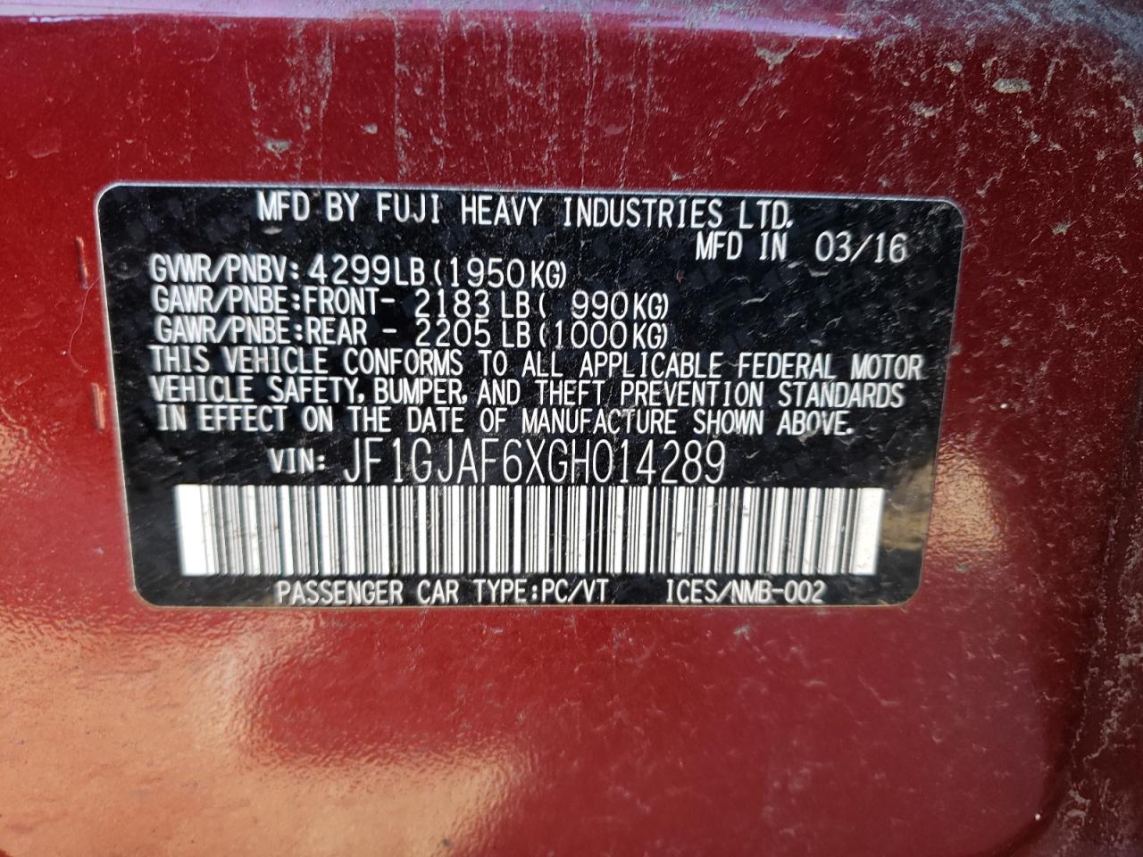 Photo 10 from auction – 2016 SUBARU IMPREZA PR with VIN JF1GJAF6XGH014289
