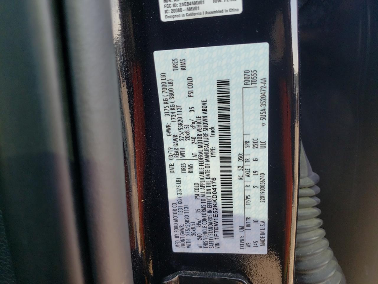 Photo 10 from auction – 2019 FORD F150 SUPER with VIN 1FTEW1E52KKD04176