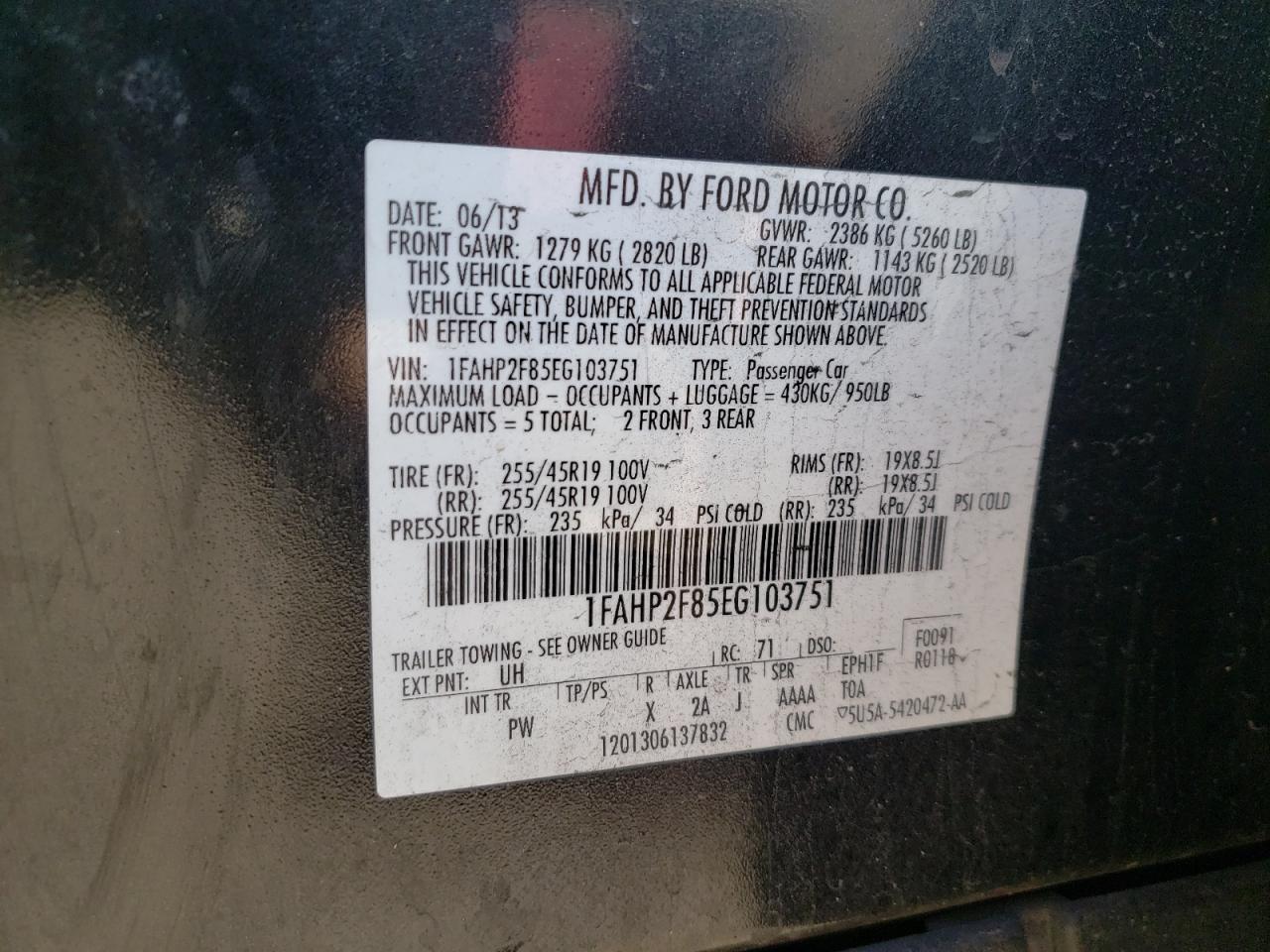 Photo 10 from auction – 2014 FORD TAURUS LIM with VIN 1FAHP2F85EG103751