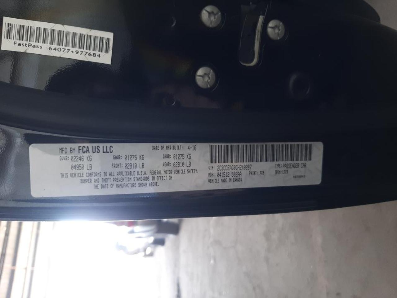 Photo 10 from auction – 2016 DODGE CHALLENGER with VIN 2C3CDZAG0GH240287
