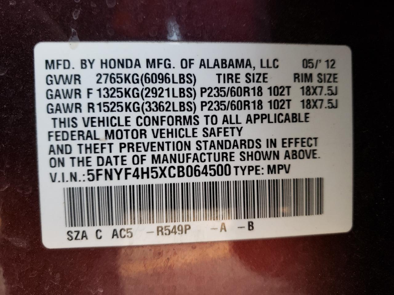 Photo 10 from auction – 2012 HONDA PILOT EXL with VIN 5FNYF4H5XCB064500