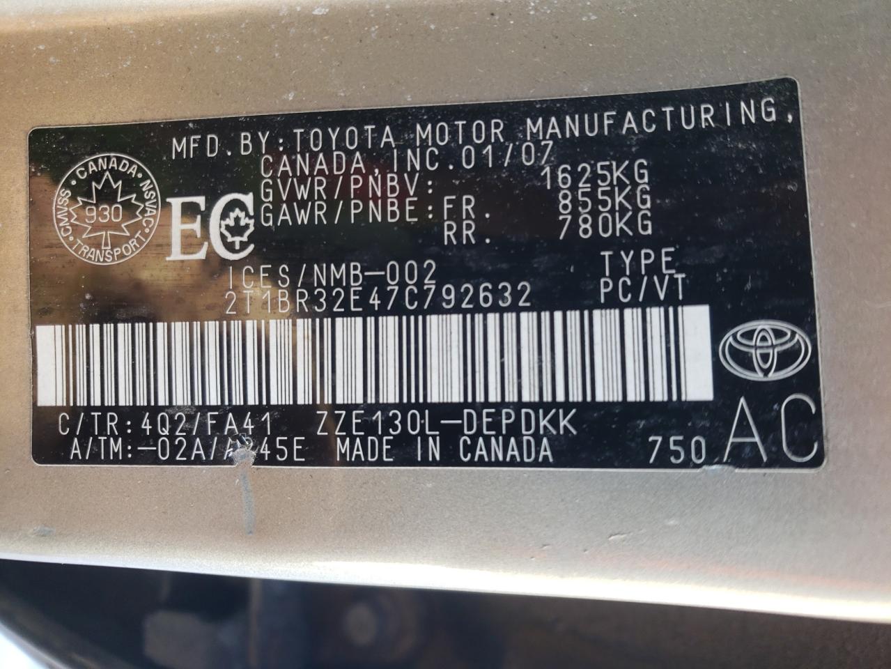Photo 10 from auction – 2007 TOYOTA COROLLA CE with VIN 2T1BR32E47C792632