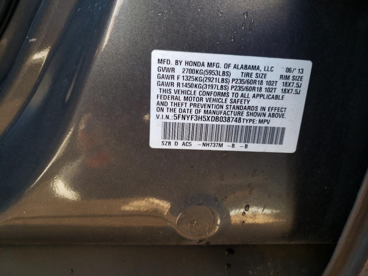 Photo 10 from auction – 2013 HONDA PILOT EXL with VIN 5FNYF3H5XDB038748
