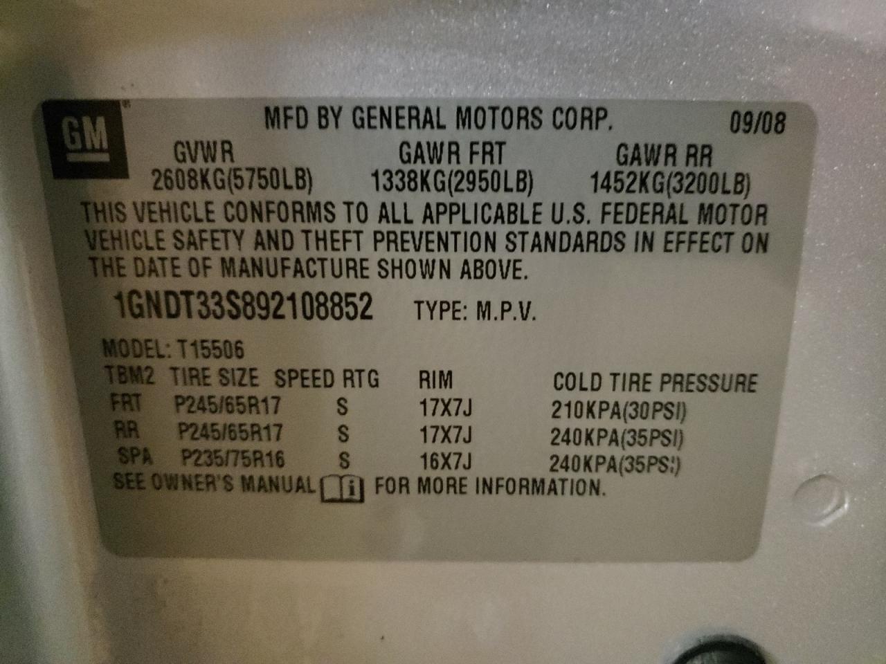 Photo 10 from auction – 2009 CHEVROLET TRAILBLAZE with VIN 1GNDT33S892108852