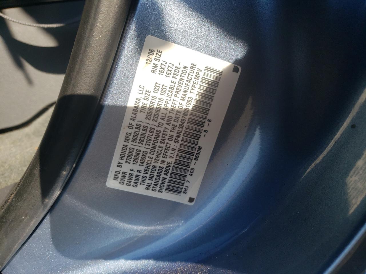 Photo 10 from auction – 2007 HONDA ODYSSEY EX with VIN 5FNRL38497B031993