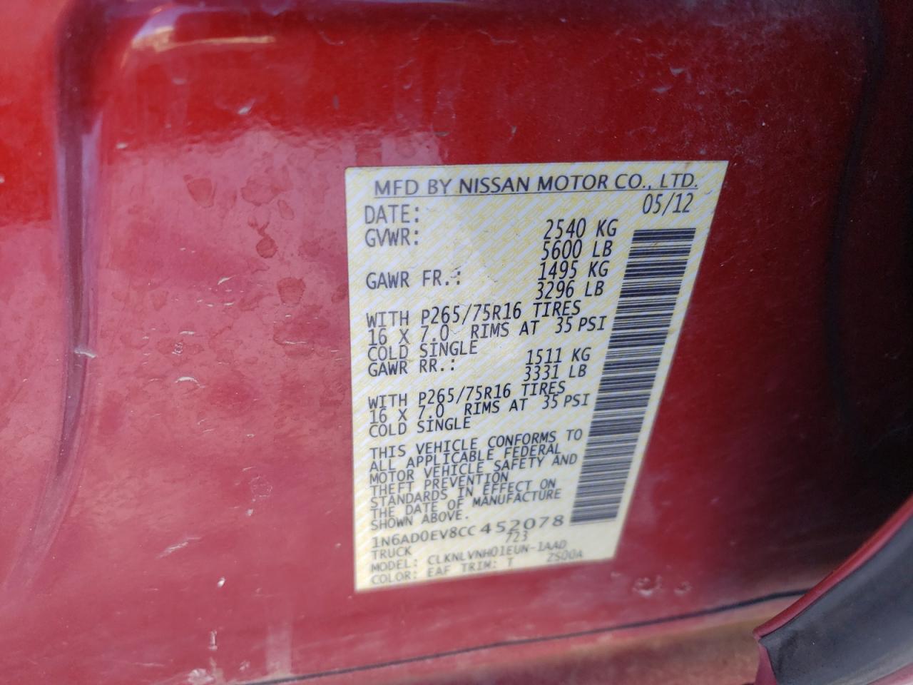 Photo 10 from auction – 2012 NISSAN FRONTIER S with VIN 1N6AD0EV8CC452078
