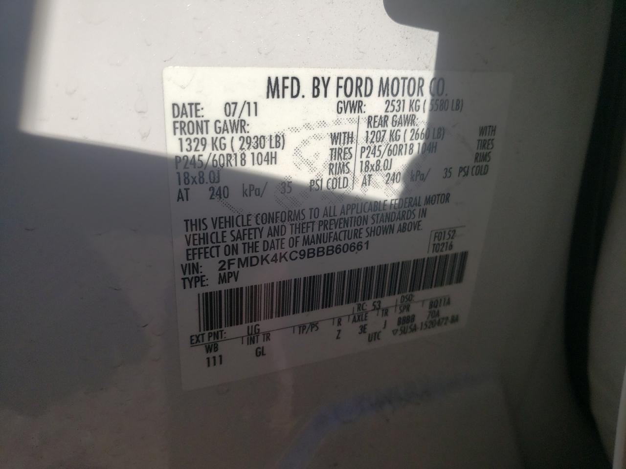 Photo 10 from auction – 2011 FORD EDGE LIMIT with VIN 2FMDK4KC9BBB60661