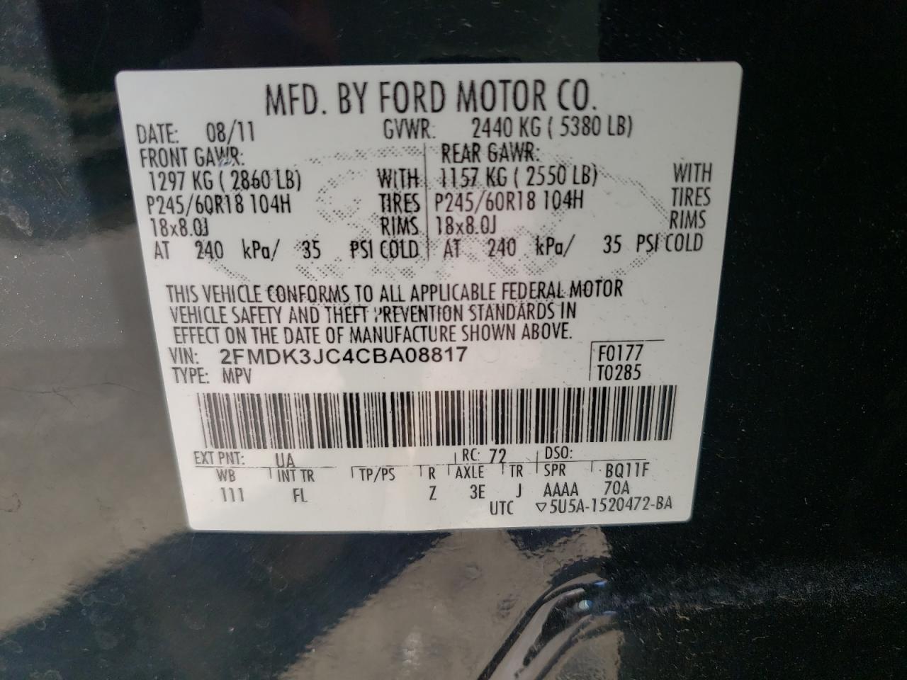 Photo 10 from auction – 2012 FORD EDGE SEL with VIN 2FMDK3JC4CBA08817