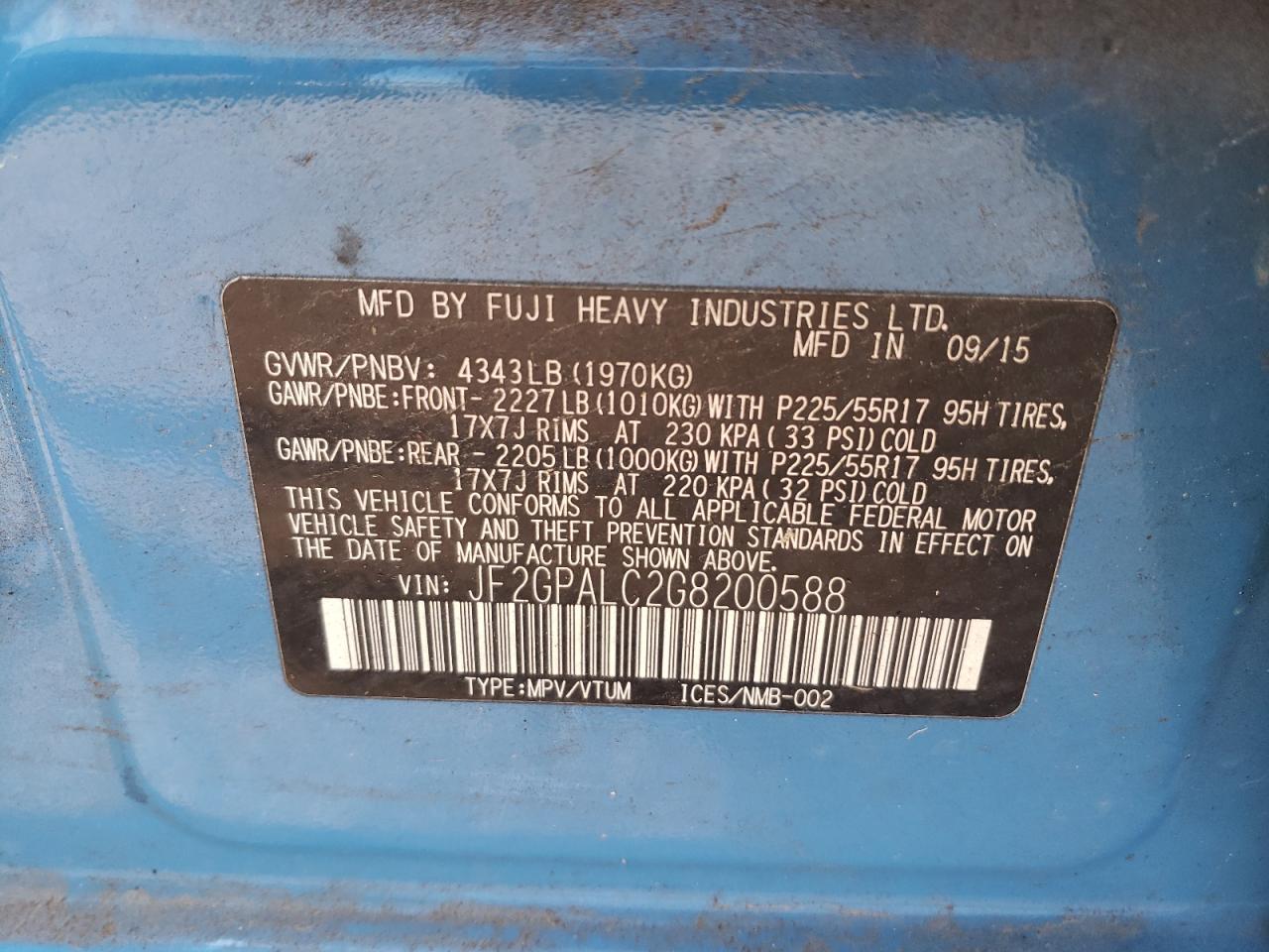 Photo 10 from auction – 2016 SUBARU CROSSTREK with VIN JF2GPALC2G8200588