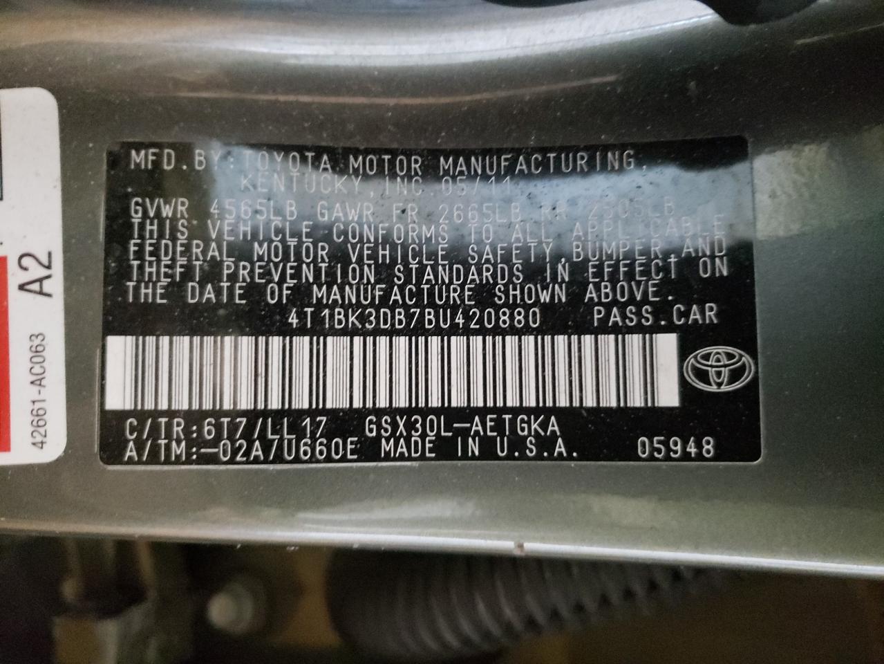 Photo 10 from auction – 2011 TOYOTA AVALON BAS with VIN 4T1BK3DB7BU420880