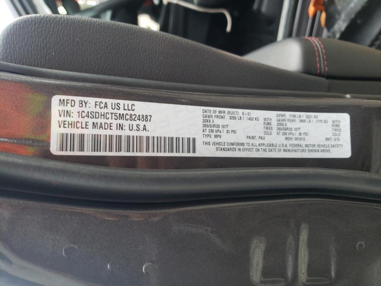 Photo 10 from auction – 2021 DODGE DURANGO R/ with VIN 1C4SDHCT5MC824887