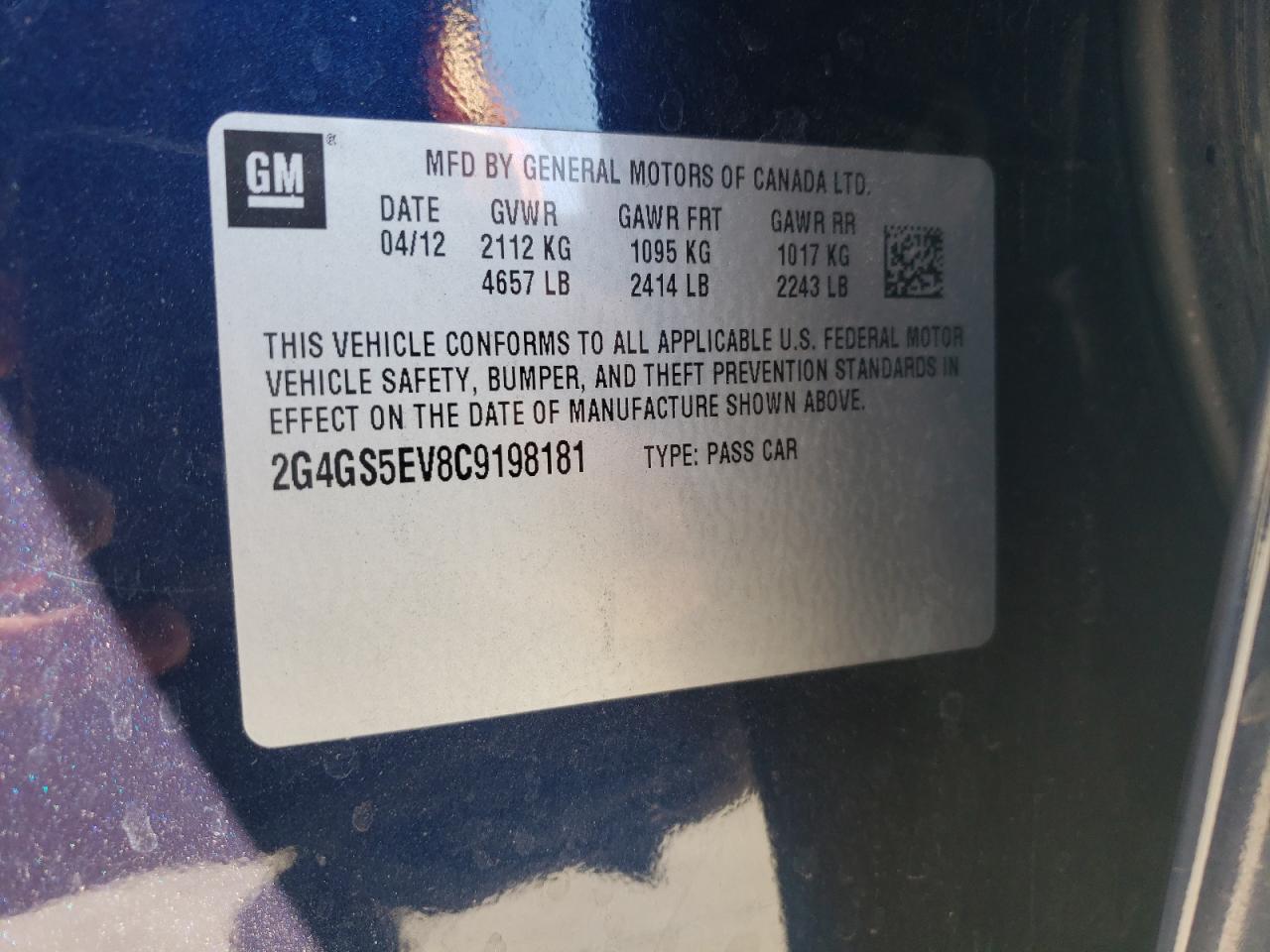 Photo 10 from auction – 2012 BUICK REGAL PREM with VIN 2G4GS5EV8C9198181