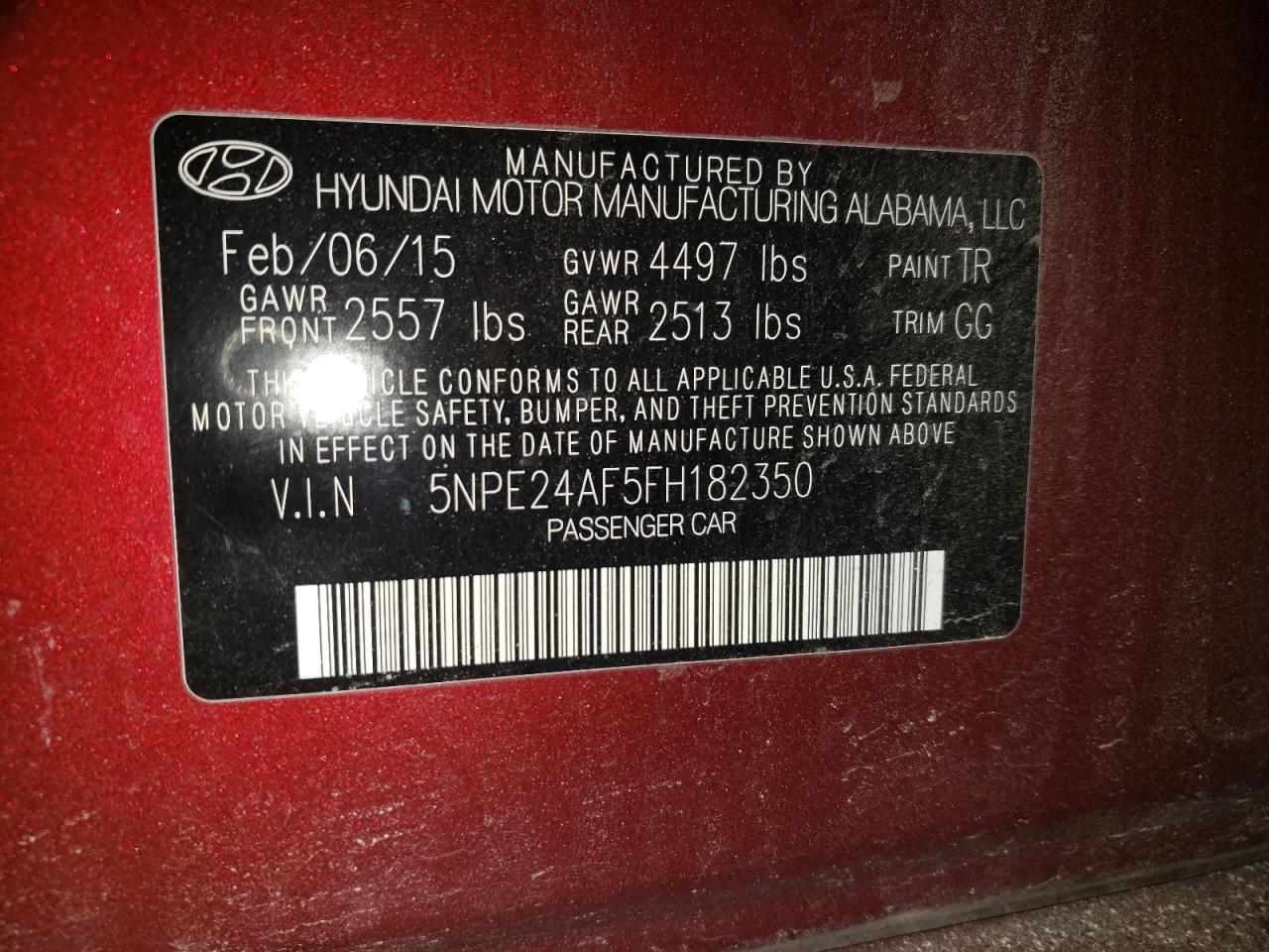 Photo 10 from auction – 2015 HYUNDAI SONATA SE with VIN 5NPE24AF5FH182350