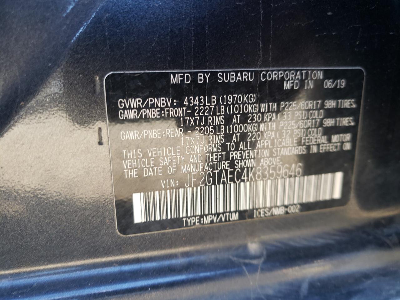 Photo 10 from auction – 2019 SUBARU CROSSTREK with VIN JF2GTAEC4K8359646
