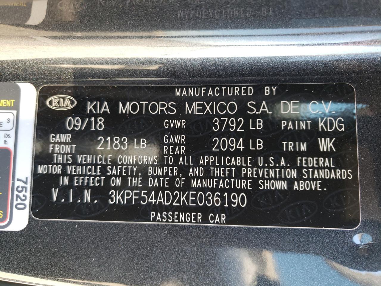 Photo 10 from auction – 2019 KIA FORTE EX with VIN 3KPF54AD2KE036190