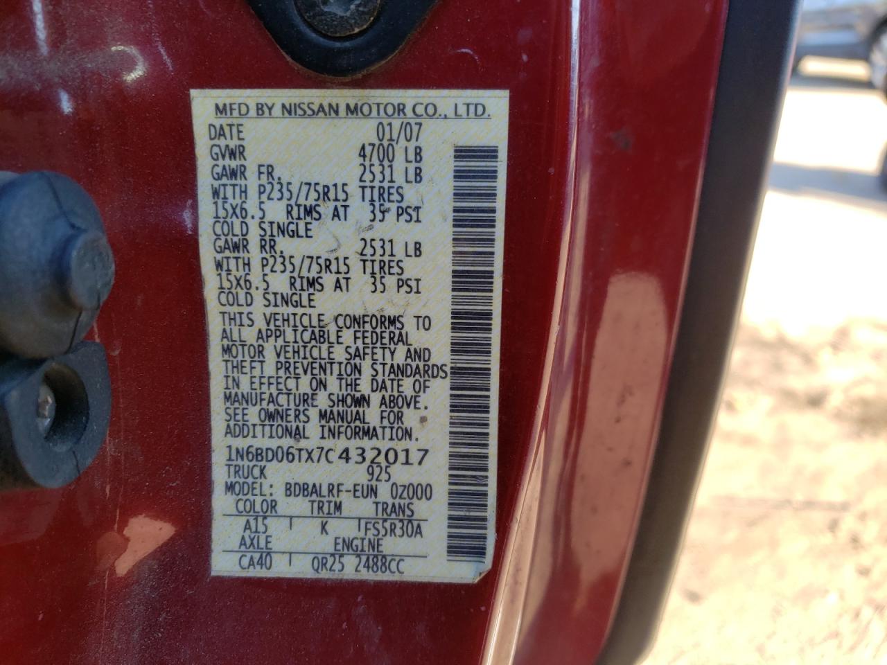 Photo 10 from auction – 2007 NISSAN FRONTIER K with VIN 1N6BD06TX7C432017