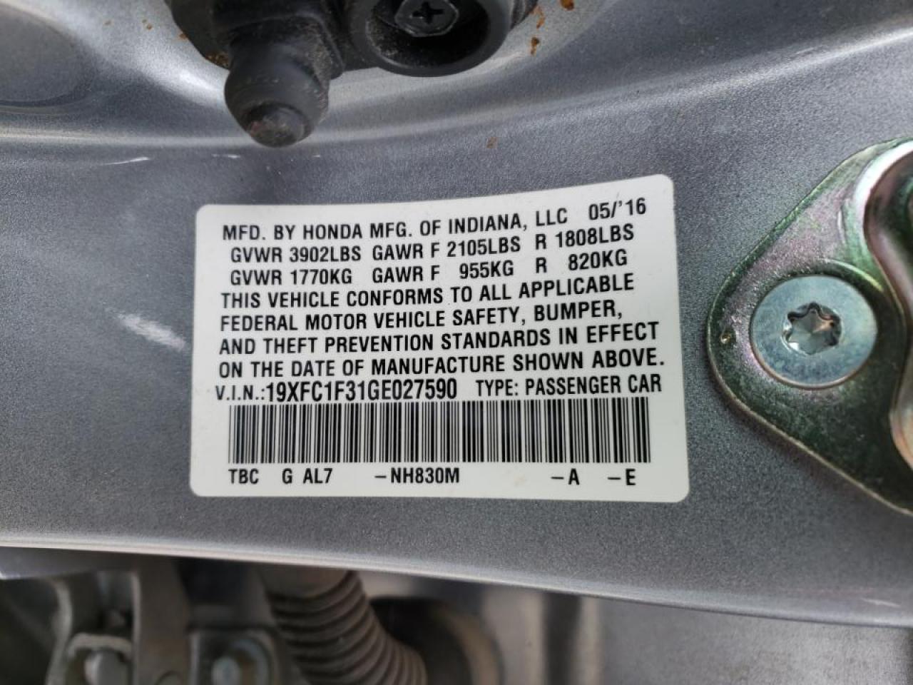 Photo 10 from auction – 2016 HONDA CIVIC EX with VIN 19XFC1F31GE027590