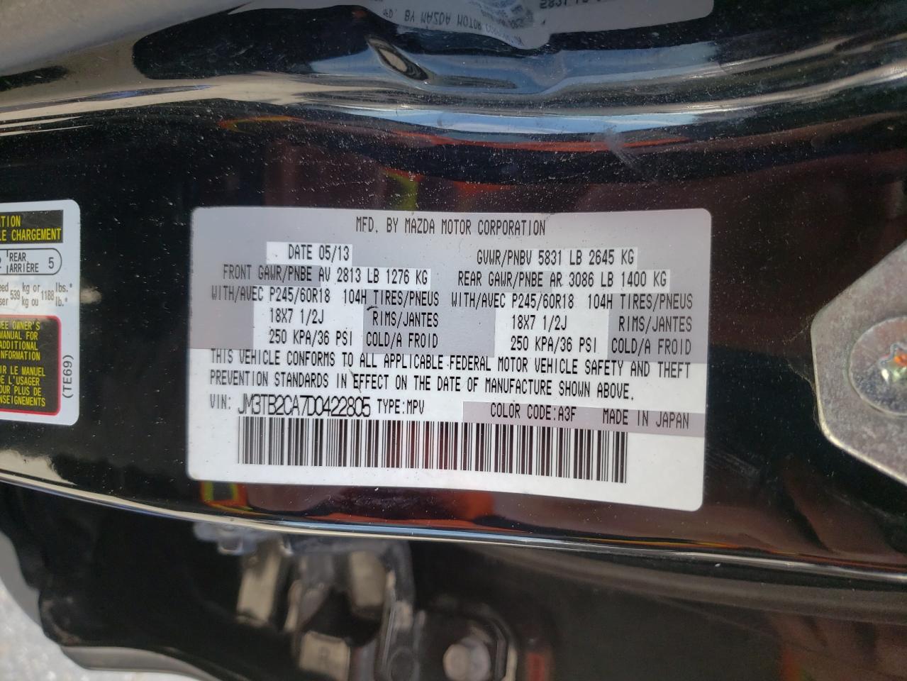 Photo 10 from auction – 2013 MAZDA CX-9 TOURI with VIN JM3TB2CA7D0422805