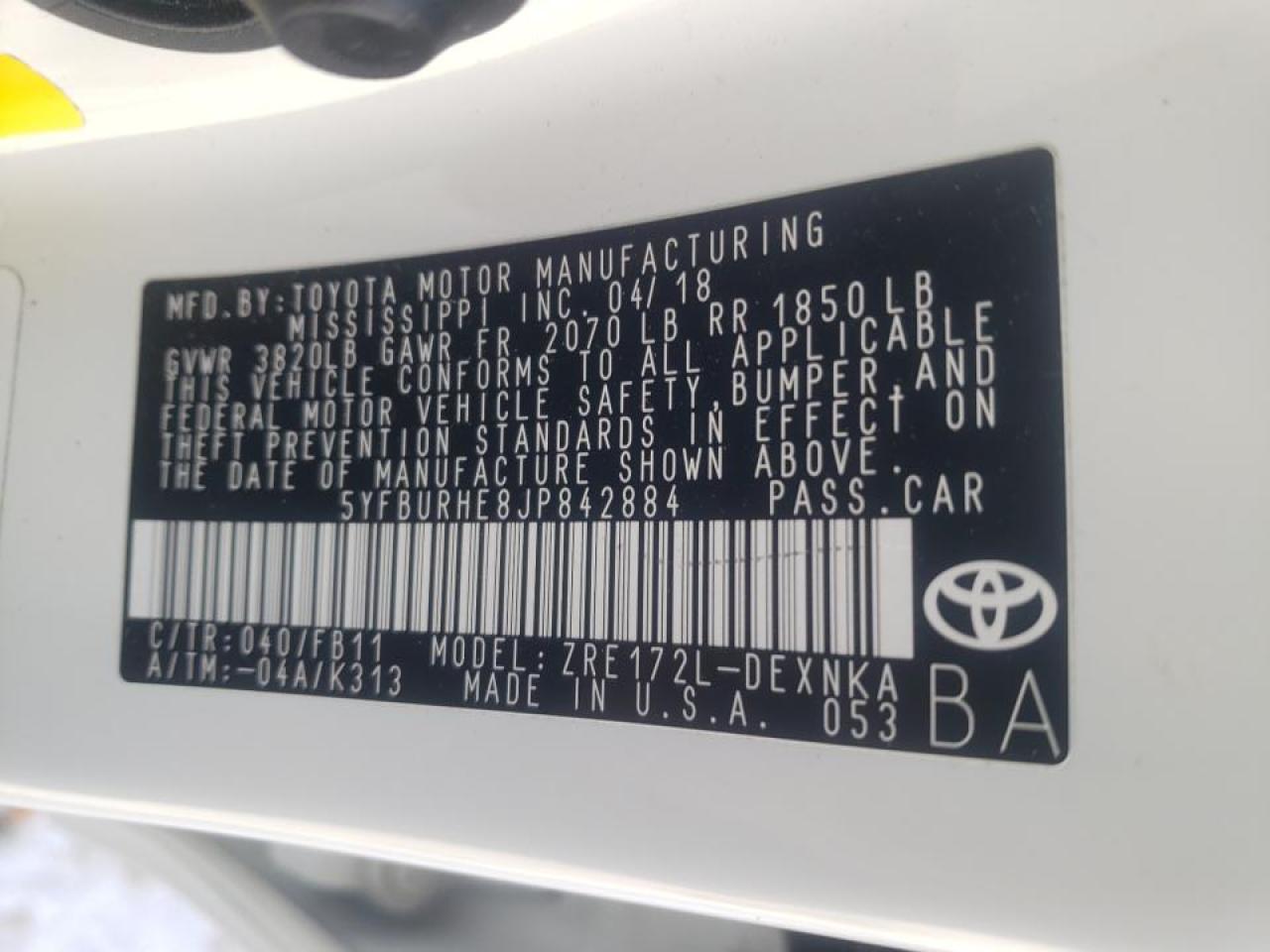 Photo 10 from auction – 2018 TOYOTA COROLLA L with VIN 5YFBURHE8JP842884