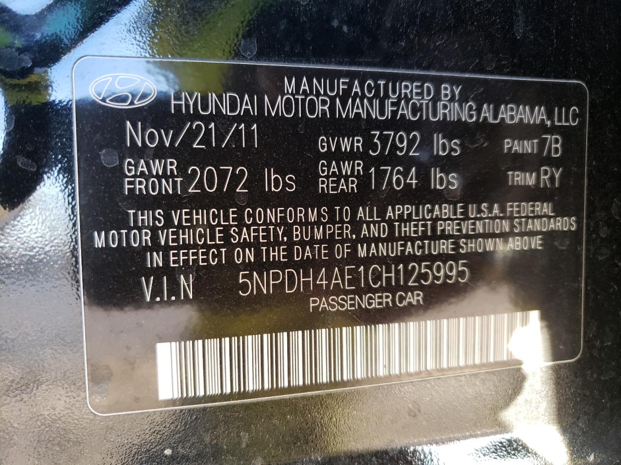 Photo 10 from auction – 2012 HYUNDAI ELANTRA GL with VIN 5NPDH4AE1CH125995