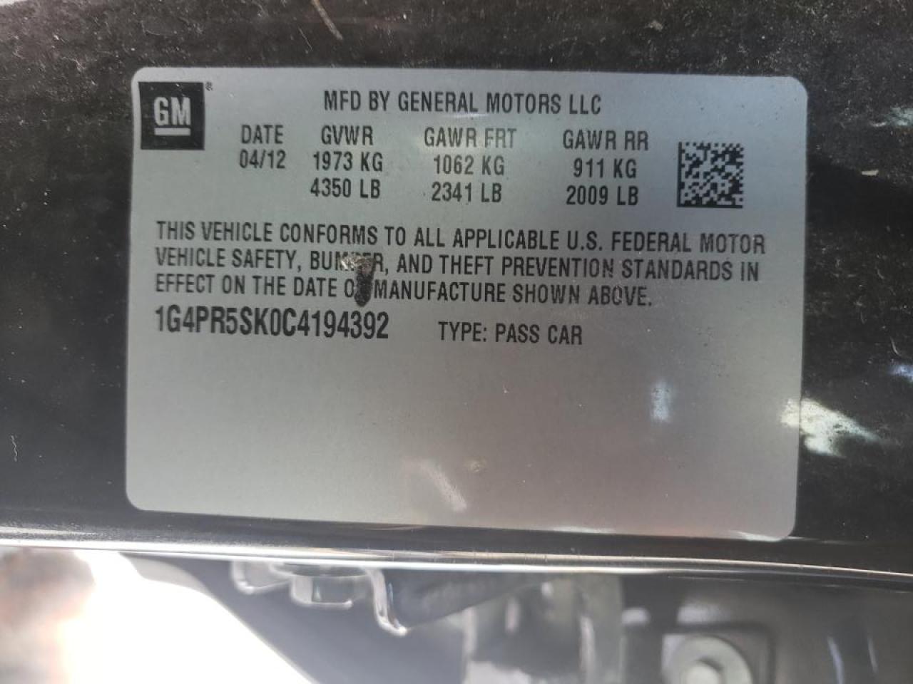 Photo 10 from auction – 2012 BUICK VERANO CON with VIN 1G4PR5SK0C4194392