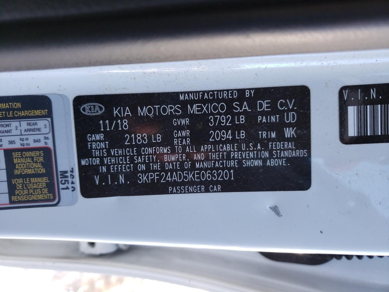 Photo 10 from auction – 2019 KIA FORTE FE with VIN 3KPF24AD5KE063201
