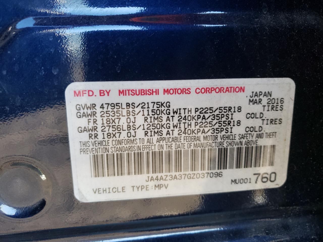 Photo 10 from auction – 2016 MITSUBISHI OUTLANDER with VIN JA4AZ3A37GZ037096