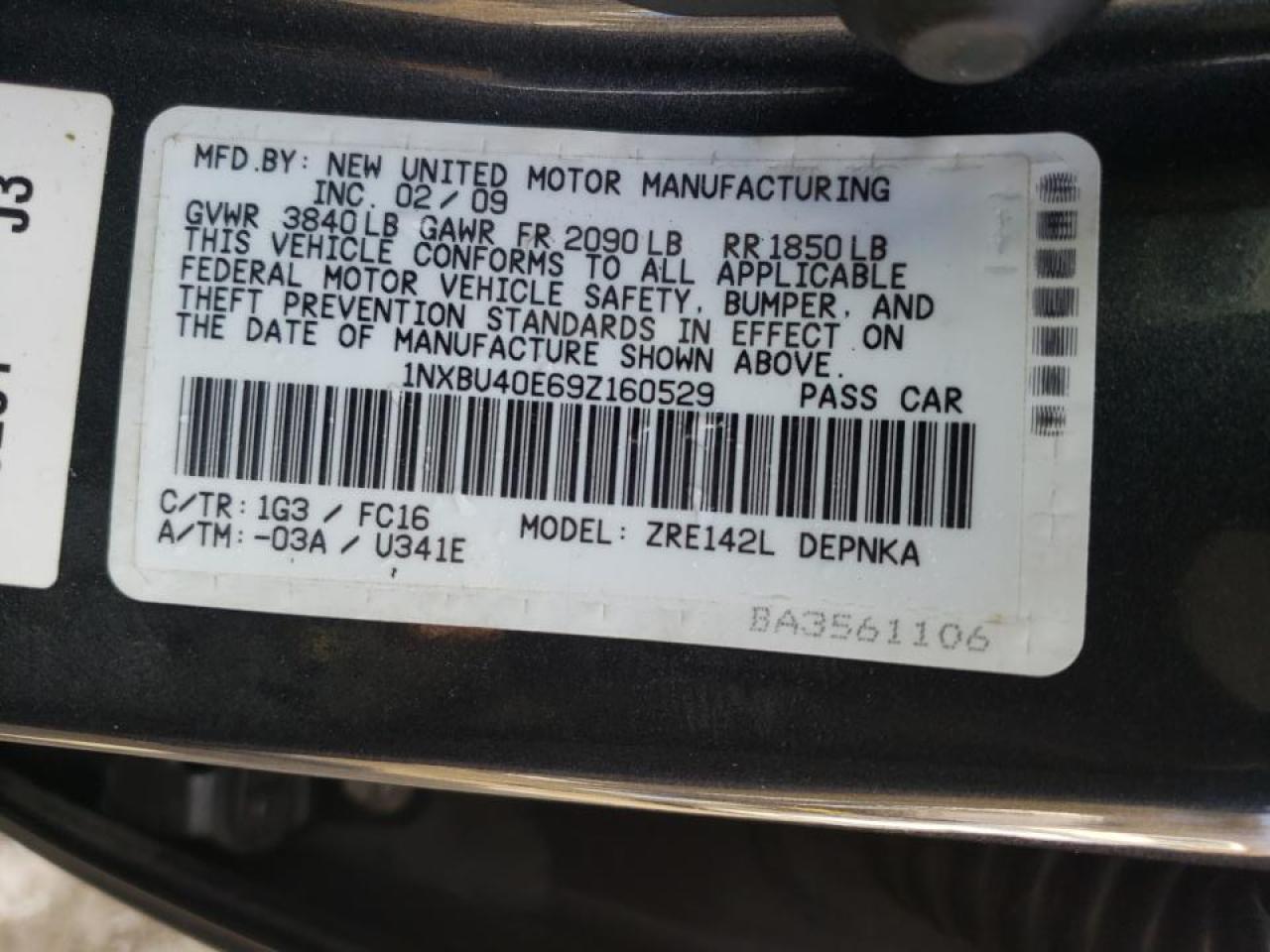 Photo 10 from auction – 2009 TOYOTA COROLLA BA with VIN 1NXBU40E69Z160529