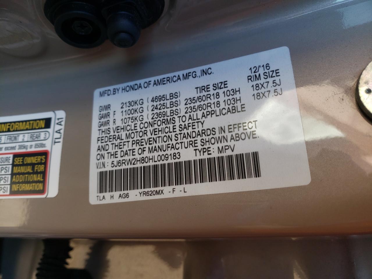 Photo 10 from auction – 2017 HONDA CR-V EXL with VIN 5J6RW2H80HL009183