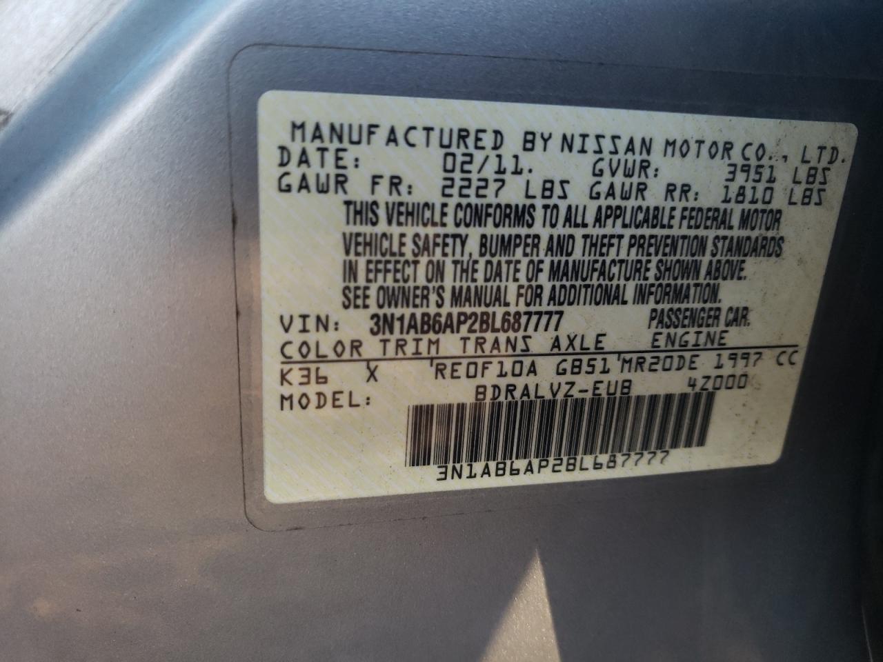 Photo 10 from auction – 2011 NISSAN SENTRA 2.0 with VIN 3N1AB6AP2BL687777