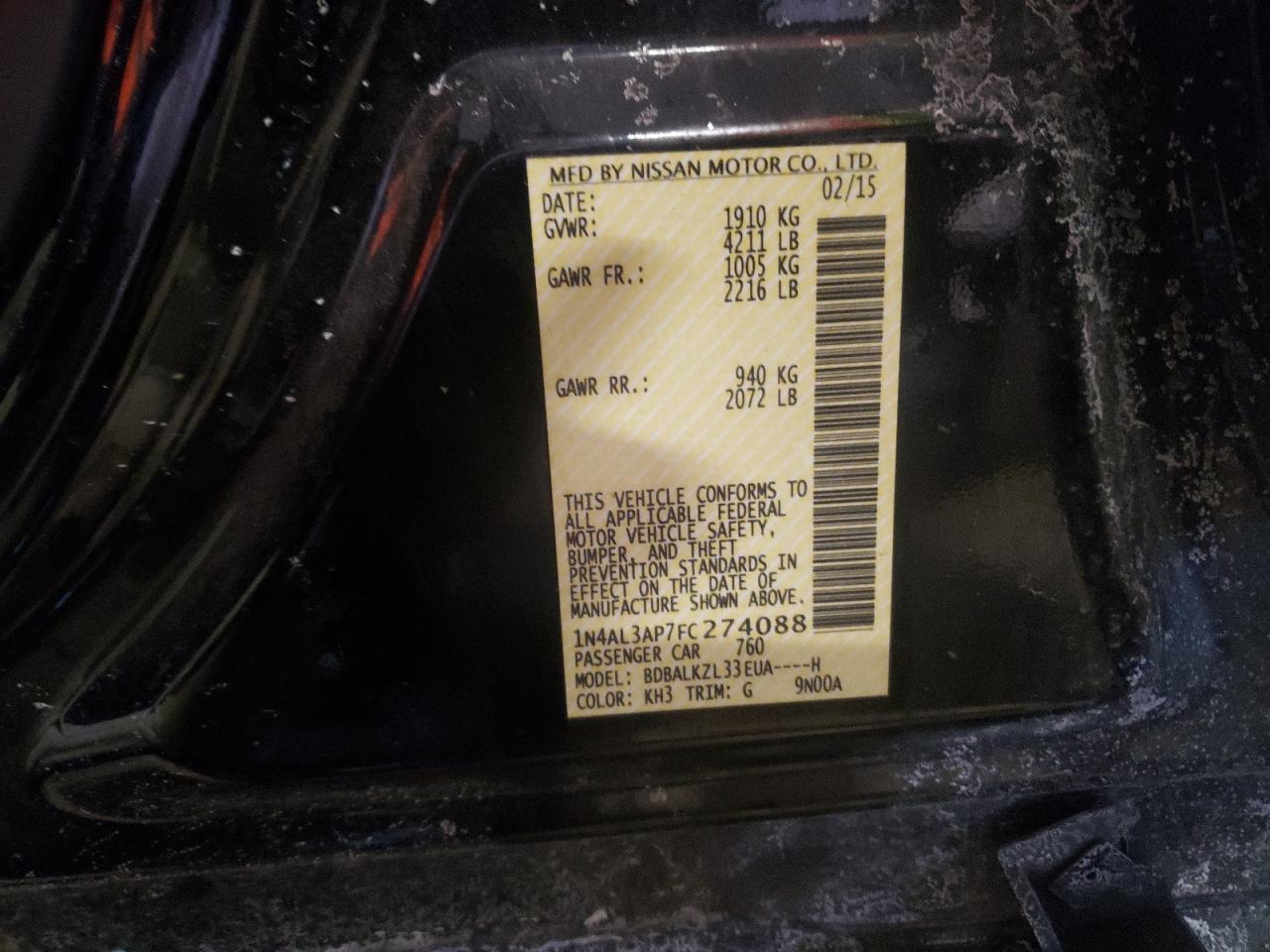 Photo 10 from auction – 2015 NISSAN ALTIMA 2.5 with VIN 1N4AL3AP7FC274088